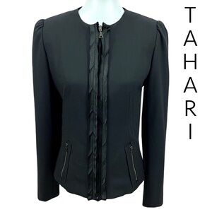 Tahari Blazer Jacket Zipper Details Rayon Blend Full Zip Front Satin Trim
